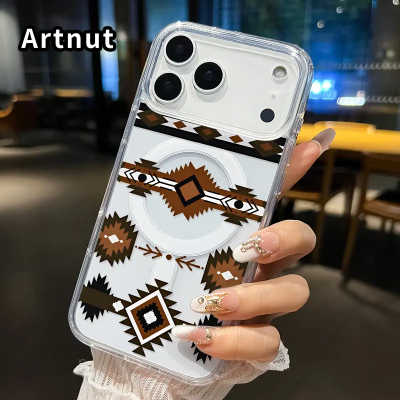 Tribal Geometric Symphony Pattern Magnetic Phone Case for iphone 17 Pro Max 16 Plus 15 14 13 12 11 Air XR E Non-Yellowing Clear Crystal Drop-proof Slim Silicone Shockproof Transparent Acrylic Large Hole Cover Supports Wireless Charging