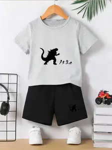 Boys Godzilla Silhouette Print Short Sleeve T-Shirt Shorts Set, Summer Casual Sport Two-Piece, Breathable Round Neck Top Loose Fit