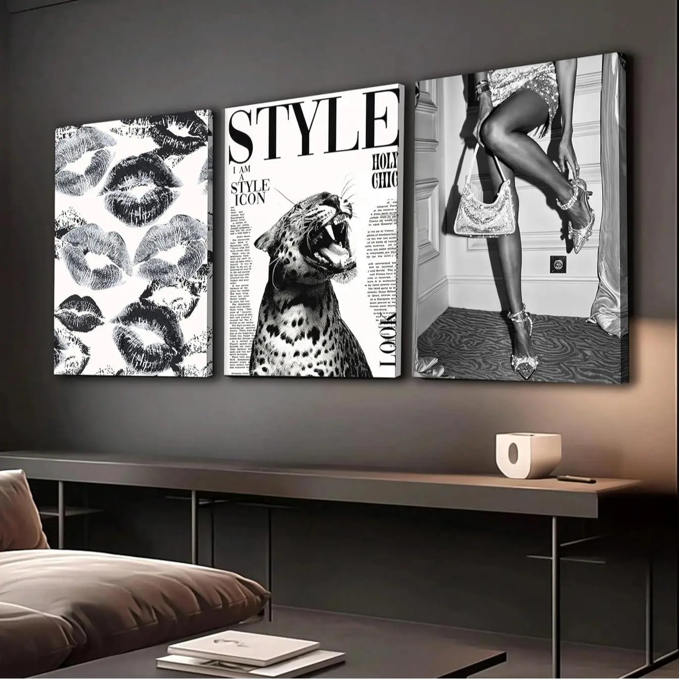 3pcs Set Fashion Black And White Leopard Canvas Wall Art, Vintage Newspaper Cheetah Wall Decor, Fashion Girl Poster, High Heels Lips Picture, Luxurious Feminist Painting Print Artwork