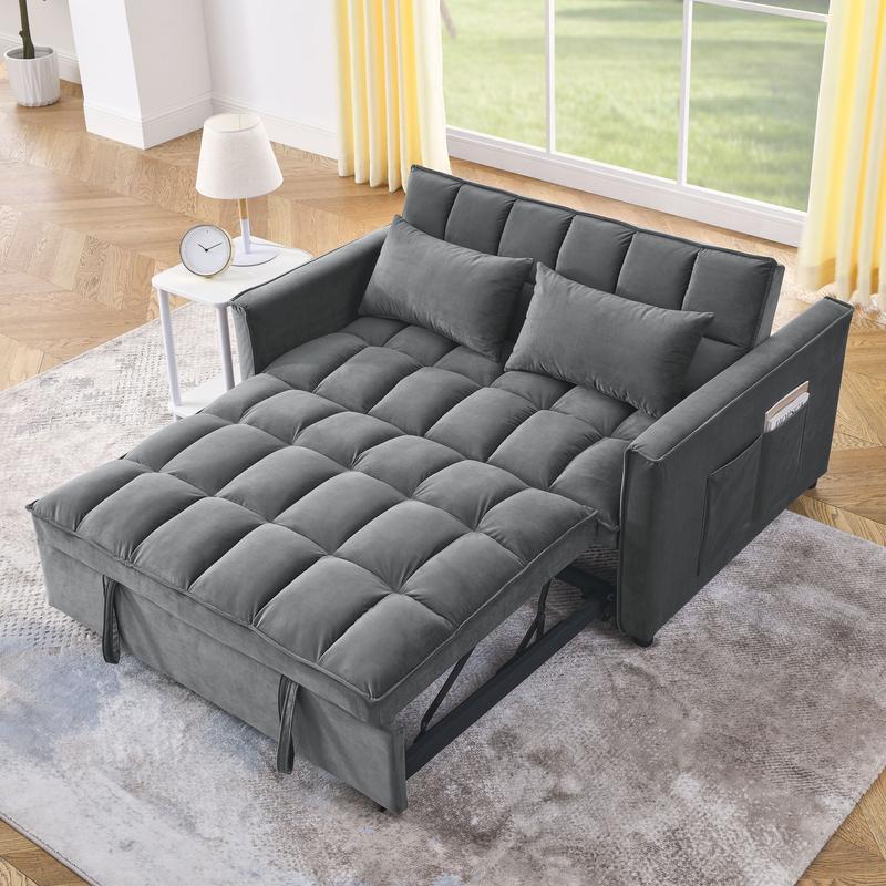 3 in 1 Convertible Sleeper Sofa Bed, Loveseat Futon Couches for Living Room with Side Pocket | Adjustable Backrest| Velvet Fabric | Pull Out Couch | Sectional Sofa Bed, Gray