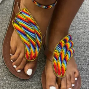 Beaded Slippers with Vibrant Rainbow Stripes and Comfortable Sole for Casual Wear