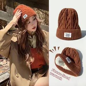 Plush knitted hat for women autumn and winter thickened warm cycling cold ear protection Korean style all-match woolen hat cold hat