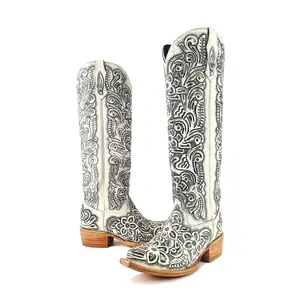 Women’s Hand-Tooled White Tall Cowgirl Boots