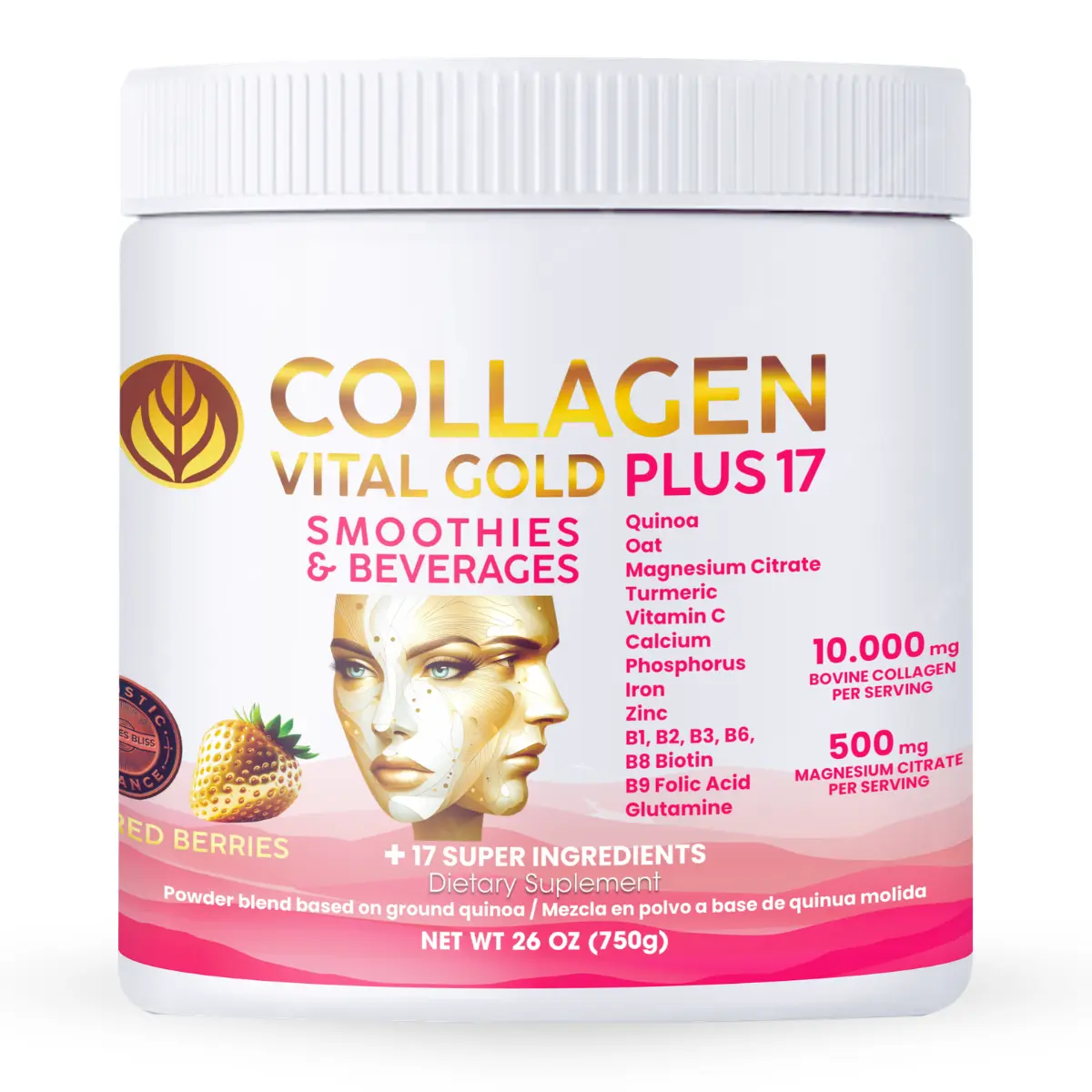 Vital Gold, Red Berries Collagen Powder 26 Oz | All-in-one Formula with +17 Super Ingredients for Beauty, Dietary Support, Hair, Nail Care &  Wellness.