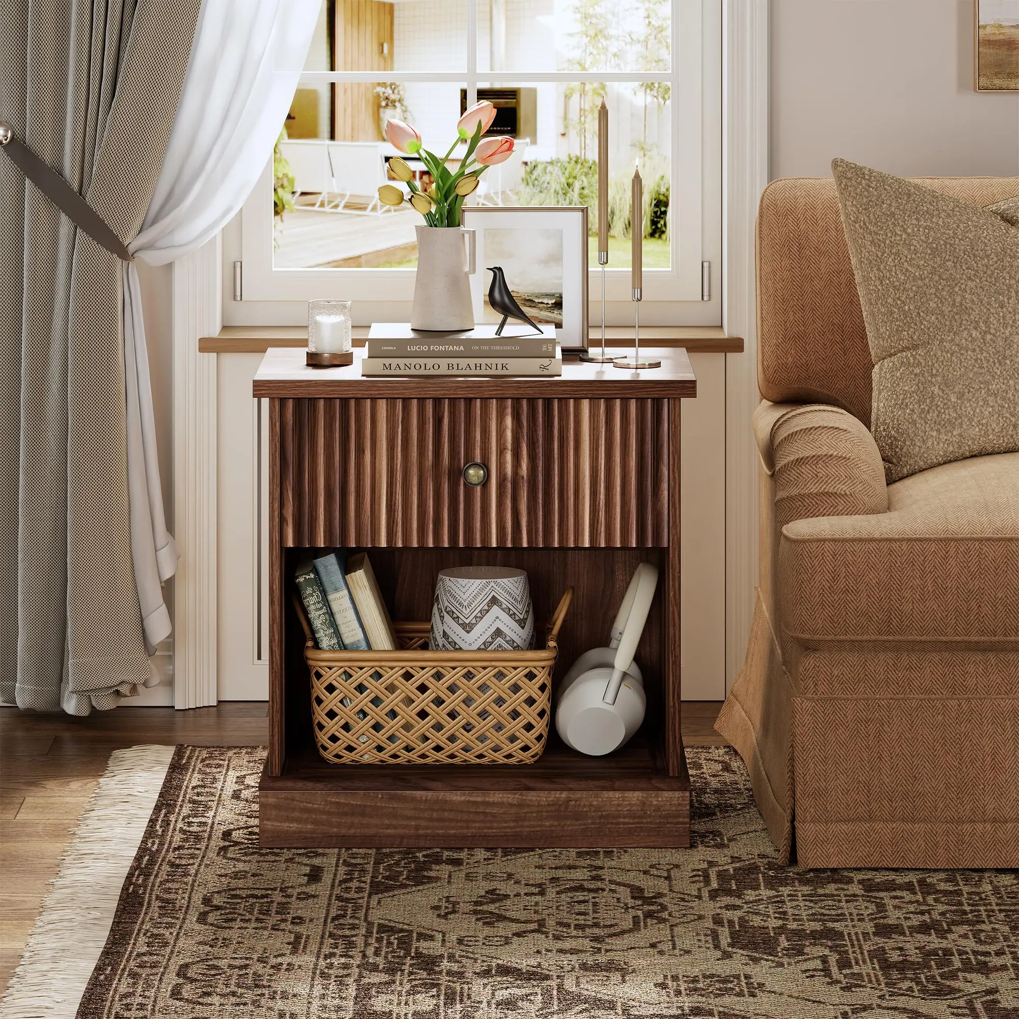 Garvee Mid-Century Minimalist Bedside Table - Modern Bedroom Furniture for Minimal Interior, Clean Design, Storage Space with Sturdy Base, Ribbed Drawers, Metal Handles, Open Shelf, 45kg Load, 57.7x39.6x61cm, Brown Oak/White, Wipe Clean, Easy Setup