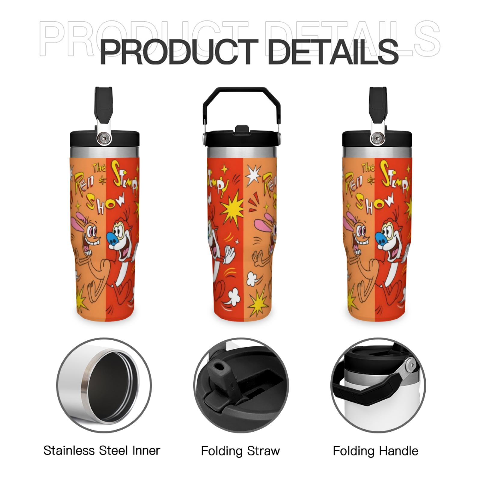 30oz Ren & Stimpy Show Insulated Tumbler, Stainless Steel Reusable Water Bottle with Straw Lid & Folding Carry Handle, Retro Cartoon Travel Cup