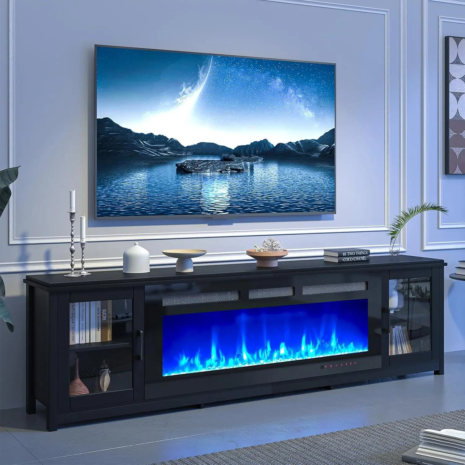 MXV 80" Fireplace TV Stand, Modern Entertainment Center with 50 Inch Electric Fireplace, Adjustable Shelf & Glass Door, Modern TV Console for Living Room