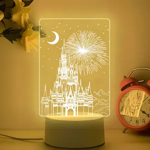 Acrylic 3D Illusion Night Light, Castle Fireworks Scene, USB Powered Single Color Warm Light, Creative Desk Lamp, Bedroom Atmosphere Light