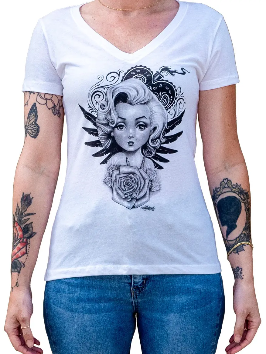 Lil Marilyn - Women's Cute Marilyn Monroe Soft White Cotton Tattoo Art Graphic V-Neck T-Shirt Tee