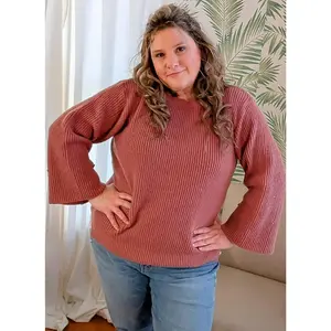 Long Sleeve Round Neck Sweater with Bell Sleeve Detail