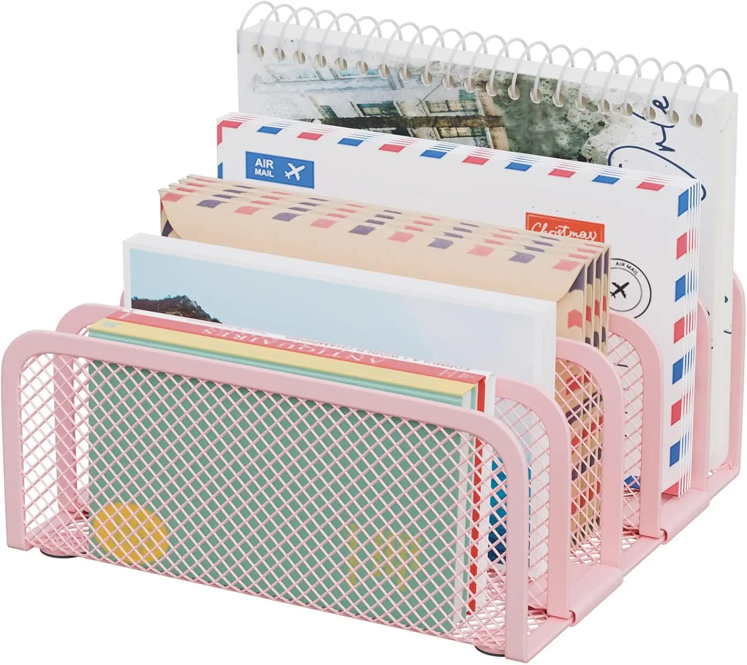 Mail Organizer Countertop, Metal File Holder with 5-Slot, Small Desk File Organizer for Letter, Bill, Mail Sorter, Desktop Letter Folder Holders for Office, Home, School (Pink)