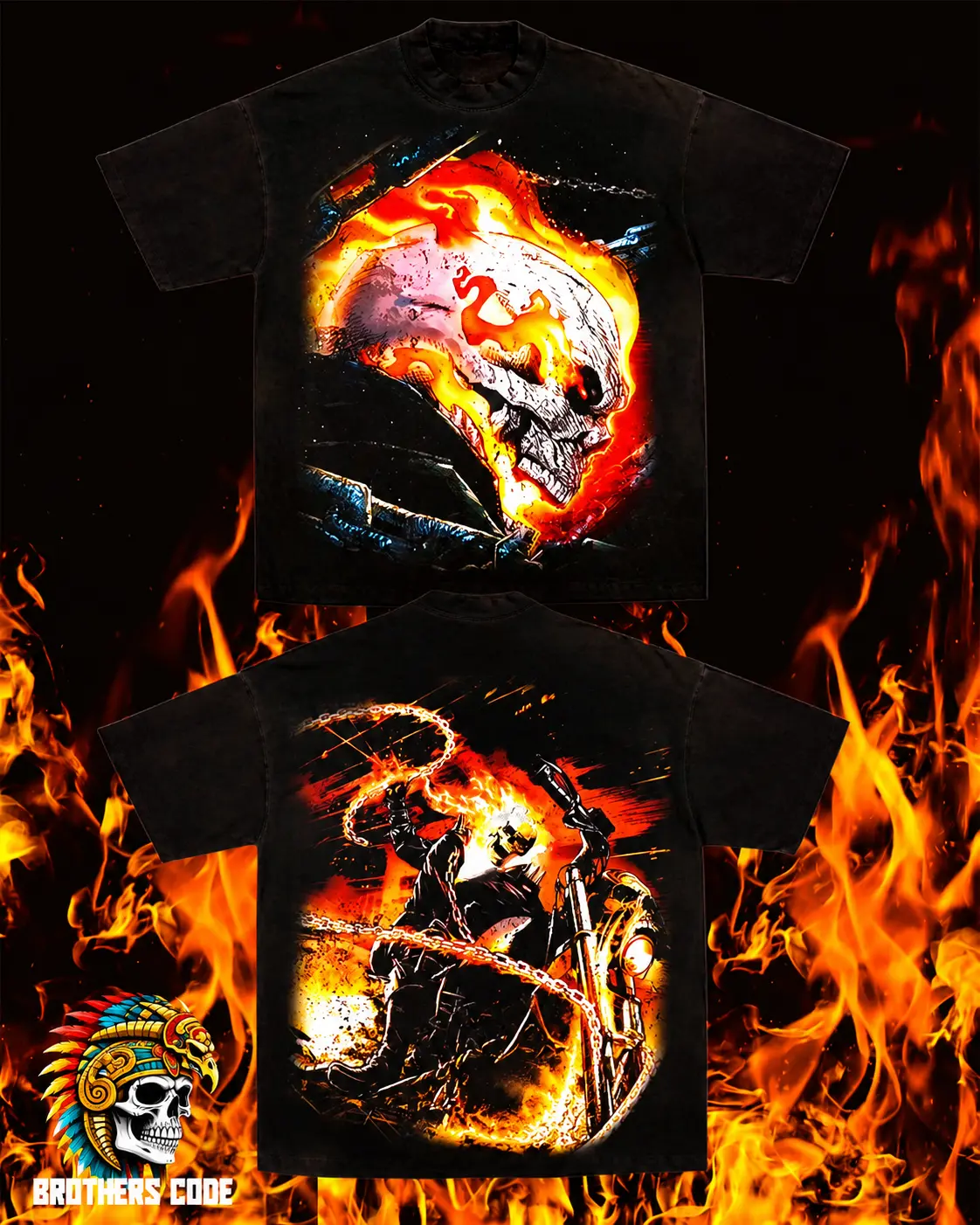 Flaming Skull Biker Graphic T-Shirt, Hellfire Motorcycle Rider Oversized Tee, Vintage Gothic Streetwear Unisex Shirt