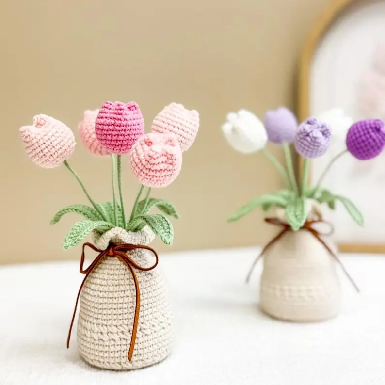 Handmade Crochet Tulips in Pot – Mini Crochet Flowers — Forever Blooming Floral Decor & Unique Gift