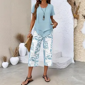 2 Piece Capri Sets for Women Summer Plus Size Square Neck Tops Floral Print Wide Leg Capris Pants Boho Beach Travel Outfits