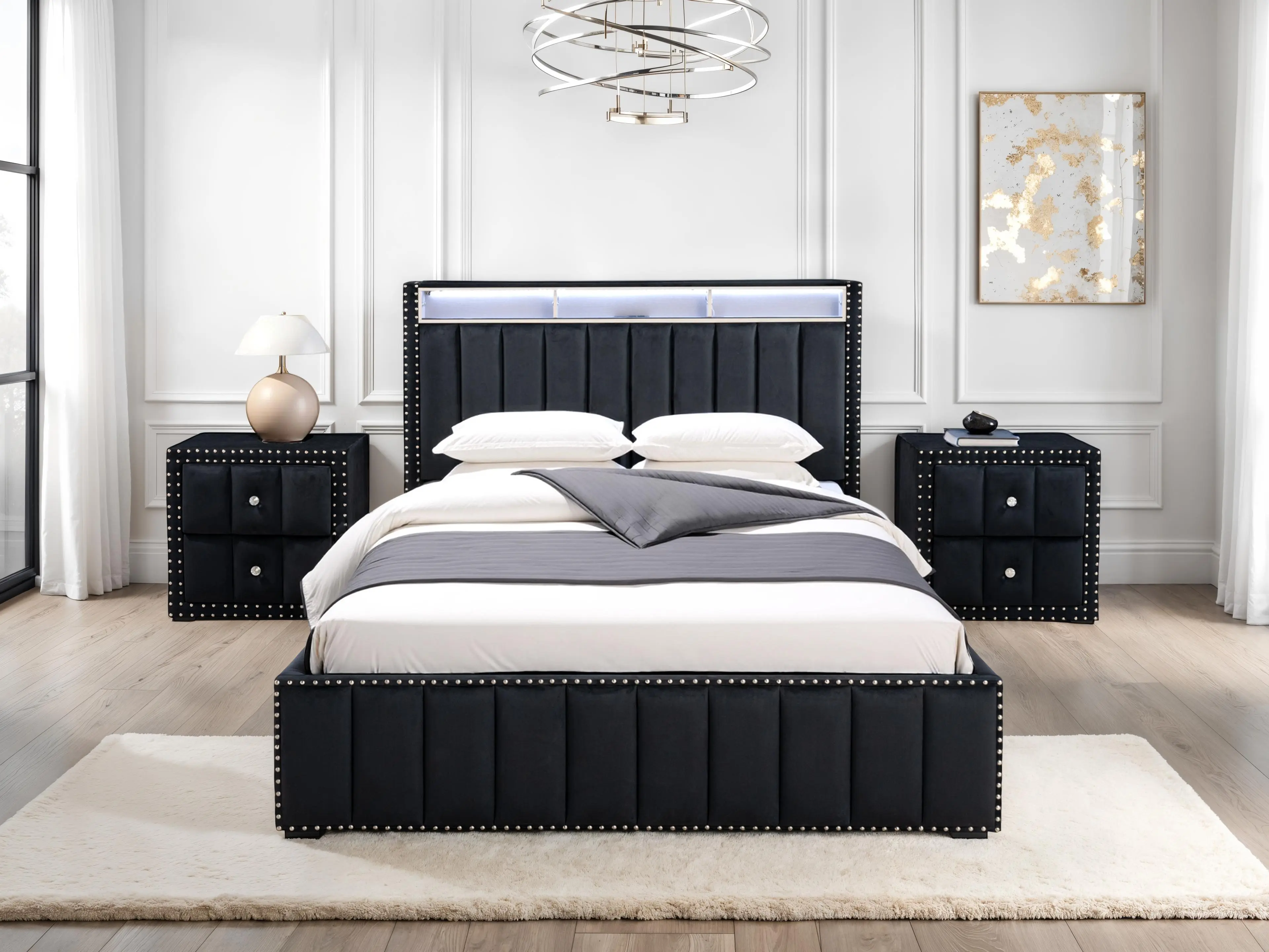 FOA Farese Contemporary 3PC Bedroom Set - Upholstered Bed with 2 Nightstands, Indoor Bedroom Furniture Bed Frame & Headboard