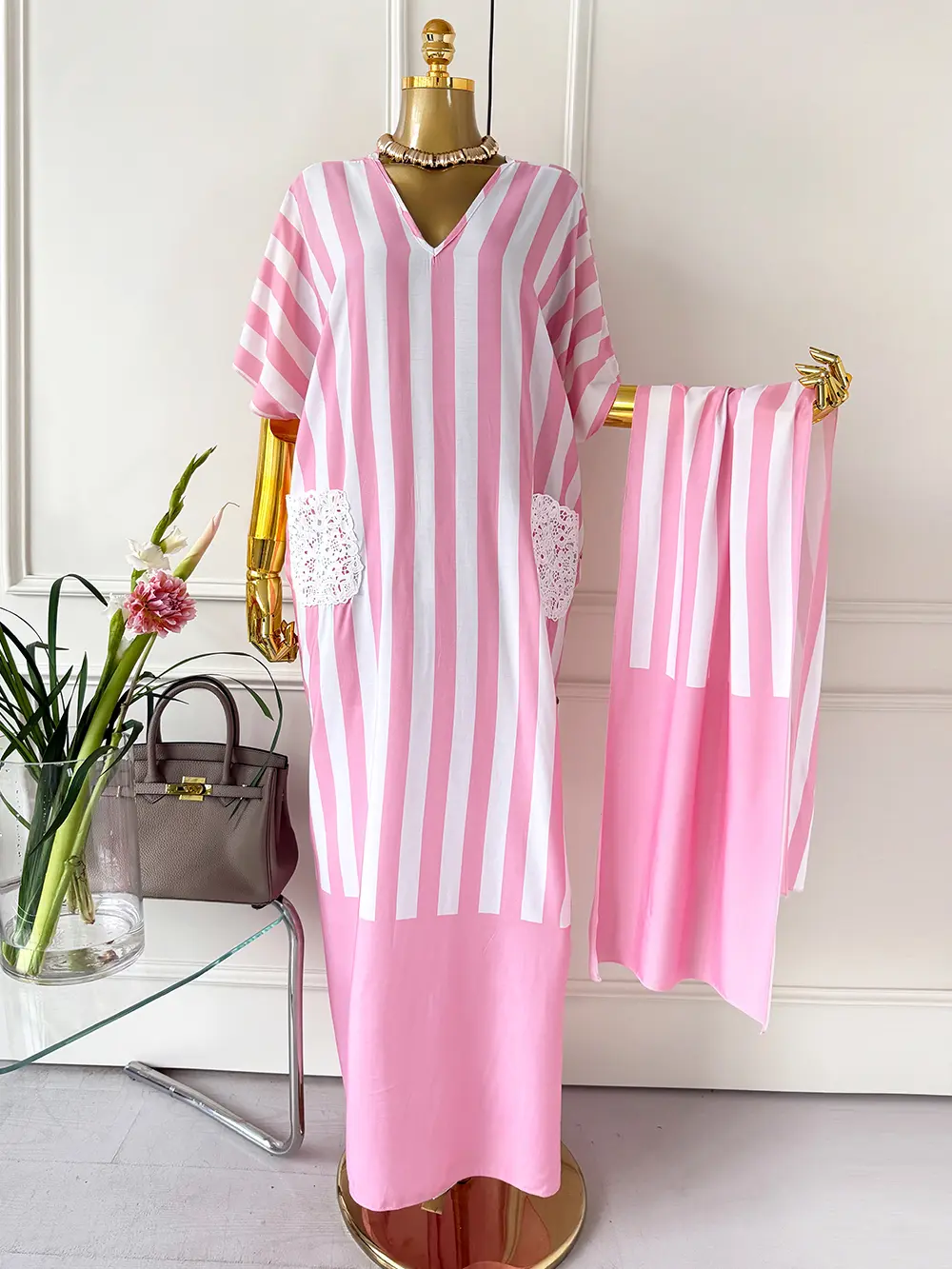 MooMoo Women's 2-Piece Striped Rayon Kaftan Outfit with Lace pocket , Oversized V-Neck Maxi Dress Comes with Matching Scarf, Casual Wear for Beach Vacation, Party & Daily Life, Women Fashion Two-Piece Set