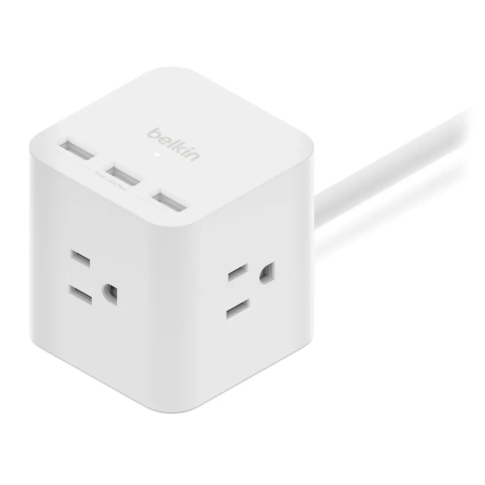 Belkin 3 Outlet Power Cube Adapter with 5-foot cord and 3 USB-A ports, charge 6 devices at once, compact & portable, longer cable, safe charge, high quality, durable, cute, UL certified, white.