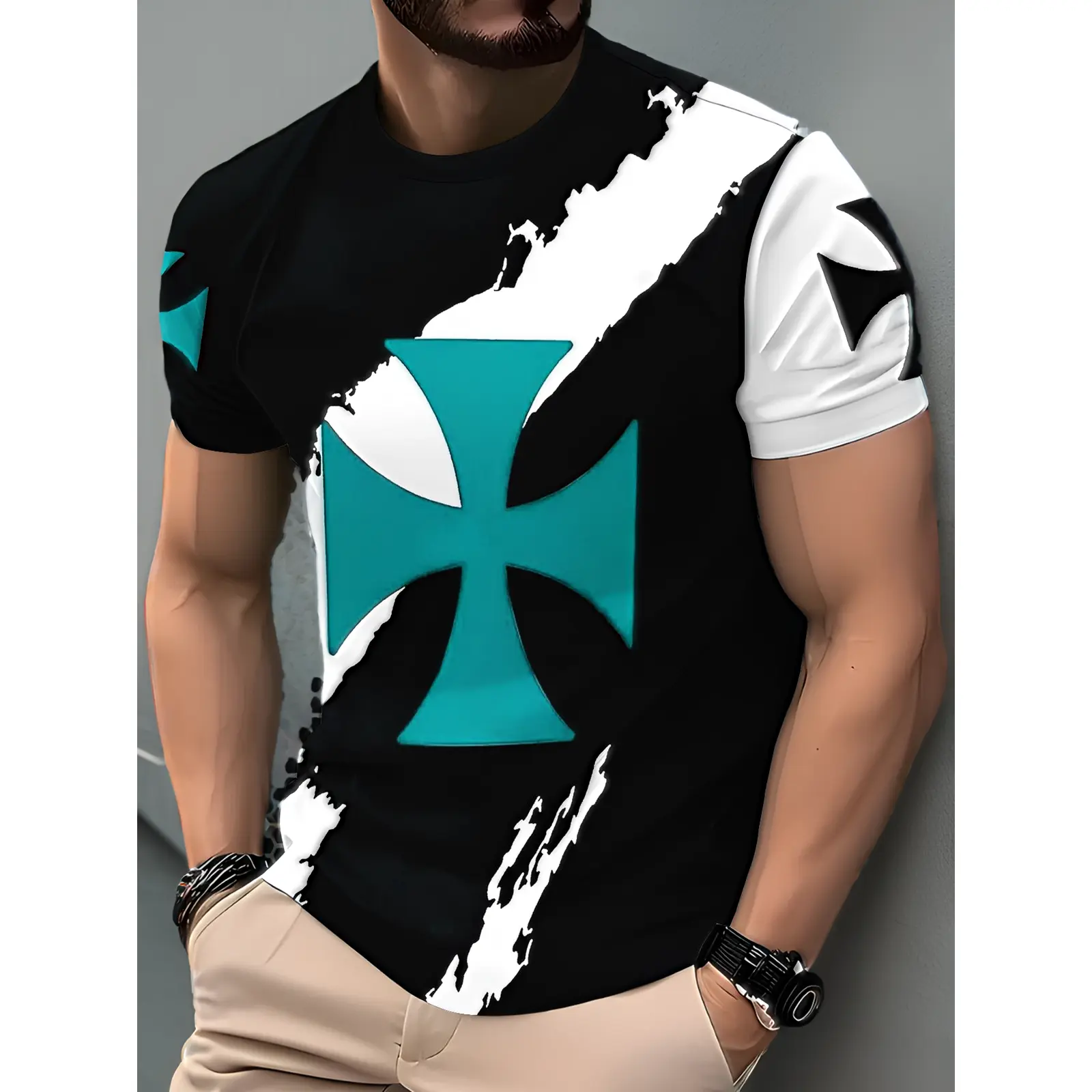Men's T-Shirt with Geometric Cross Print, Casual Short Sleeve Polyester Top in Emerald Green and Black, Regular Fit with Slight Stretch, Plus Size