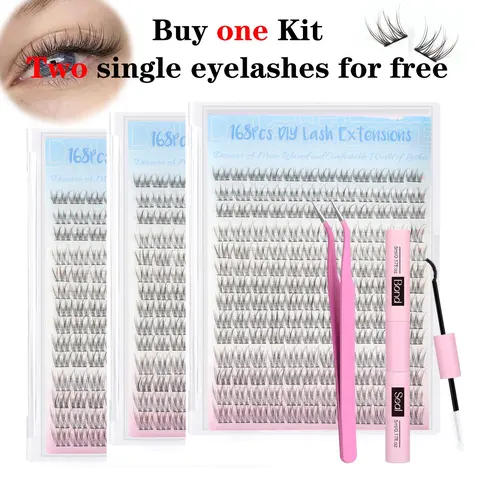 Fluffy Lash Clusters False Eyelashes & Adhesives Kit - 504 Pcs Wispy Extensions, 3 Boxes of 9-12MM Clusters, Strong Bond Glue & Tweezers for DIY Long-Lasting Volume Individual Use Makeup Cosmetic Alternative
