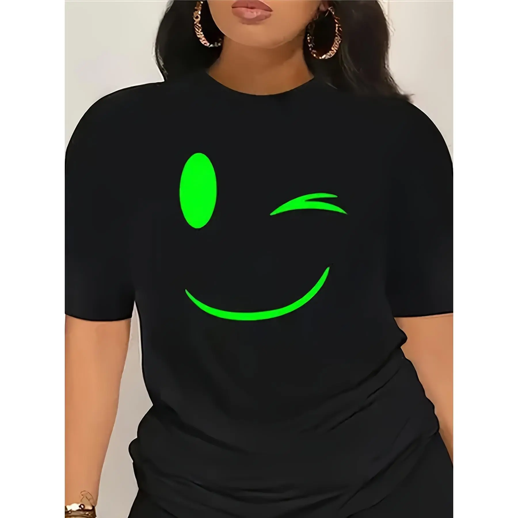 Women's T-Shirt with Glowing Happy Face Graphic, Casual 100% Cotton Round Neck Top for Festival & Party Wear, Tshirt, Lady, Thanksgiving, Valentines Day, Easter, Relaxed Fit, Shortsleeve, Streetwear, Glowing Print, Pure Cotton