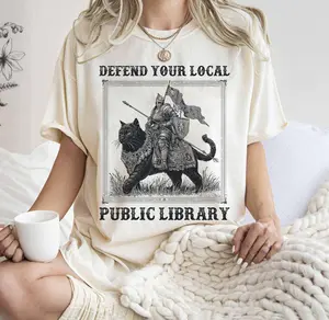 Defend Your Local Public Library Shirt Funny Knight Cat Shirt, Book Lover Gift, Public Library, Defend Libraries Tee, Funny Reading Shirt