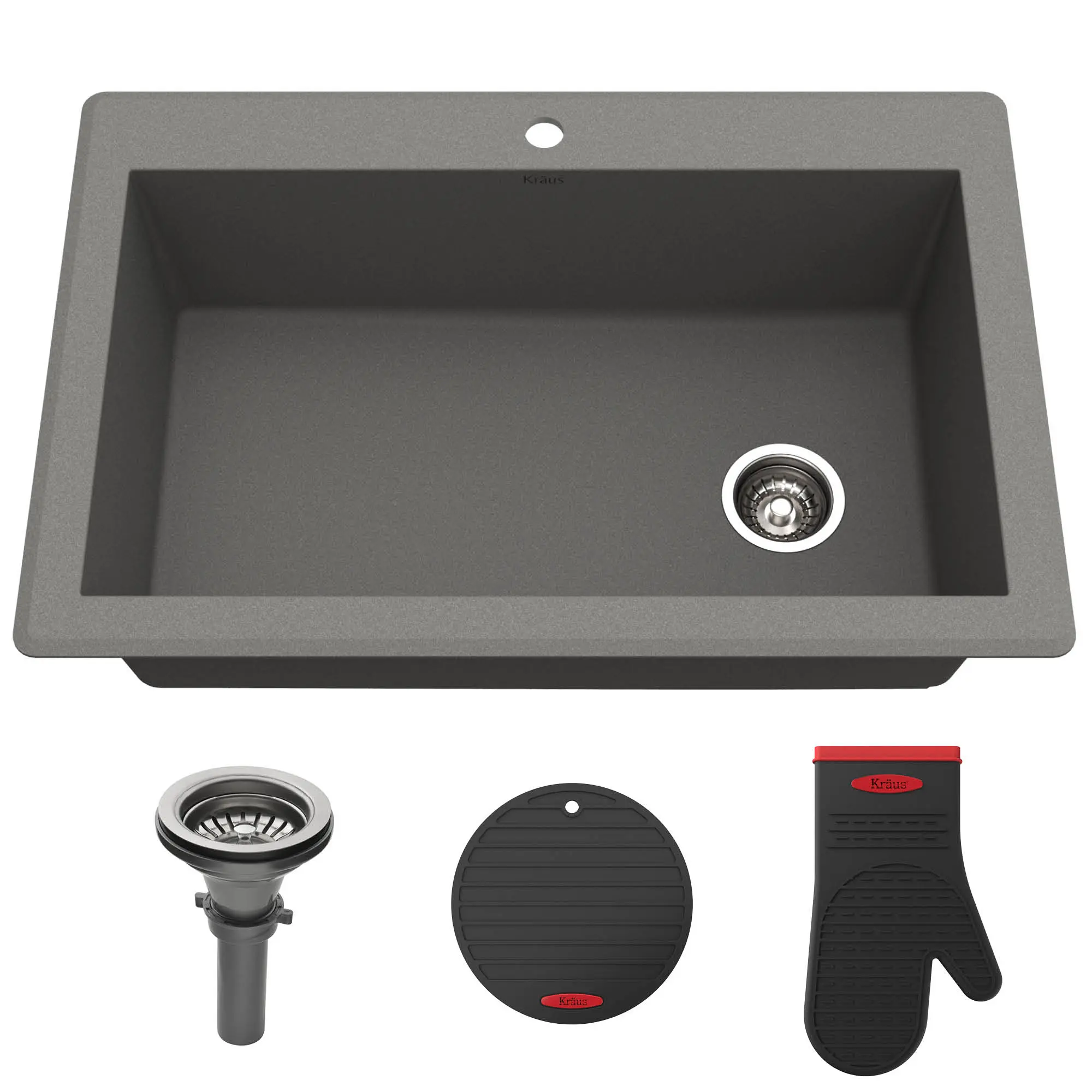 33 in. Dual Mount Single Bowl Granite Composite Kitchen Sink, Grey, 33" l x 22" w x 9.625" d, Drop-In & Undermount, Heat Resistant