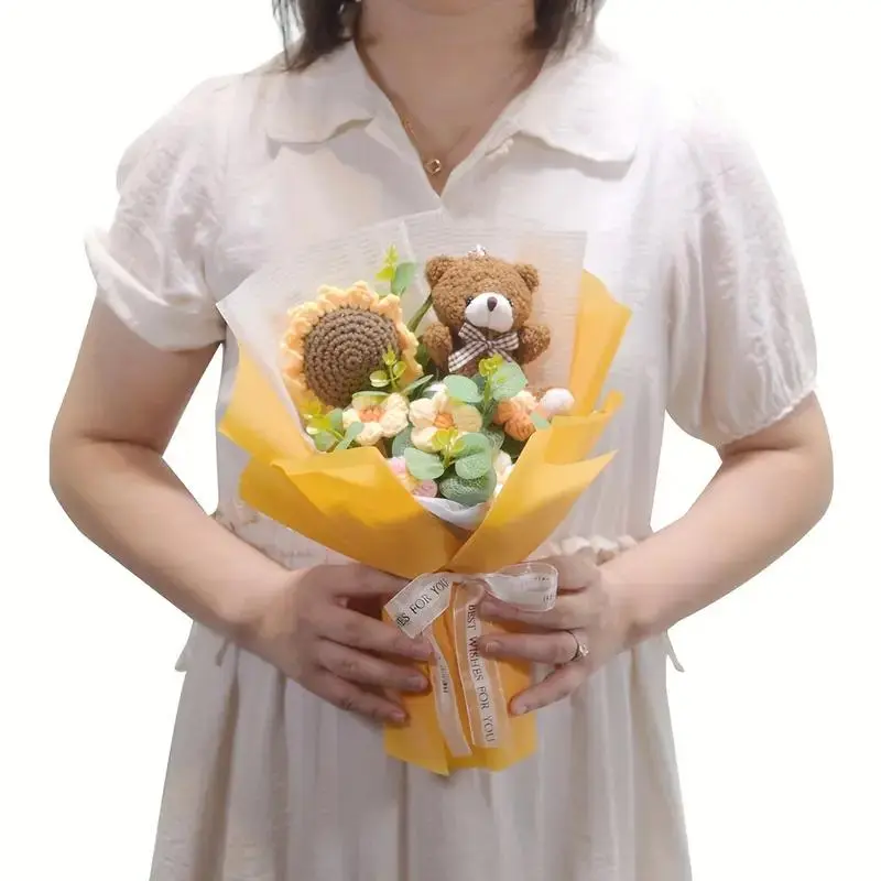 Handmade Crochet Sunflower Bear Bouquet, Eternal Artificial Flower Bouquet, Perfect Gift for, Birthdays & Anniversaries, Decor