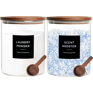 Glass Laundry Storage Containers with Acacia Lids and Scoops, 2 Pack Laundry Room Organization Jars with Labels, Powder Detergent Organizer and Laundry Pod Holder, Glass Laundry Beads Canisters Set