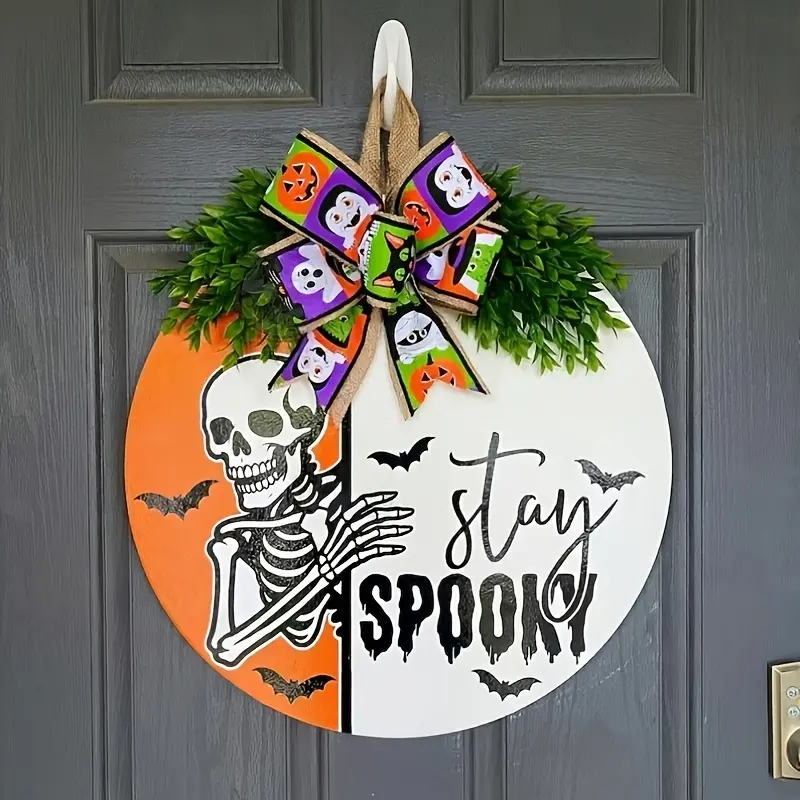 Wooden Skeleton Halloween Door Hanger, Farmhouse Rustic Front Door Decor, Spooky Halloween Porch Hanging Home Decoration, Spooky Scary Skeletons, Skeleton Bow