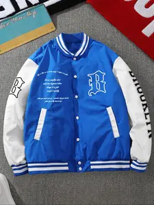 Men's Colorblock Letter Print Baseball Collar Jacket, Loose Casual Sporty Bomber Jacket for Spring & Fall, Men's Outerwear for Daily Wear, Coats, Casual Athletic Jacket, Loose Fit Jacket, Collared Jacket