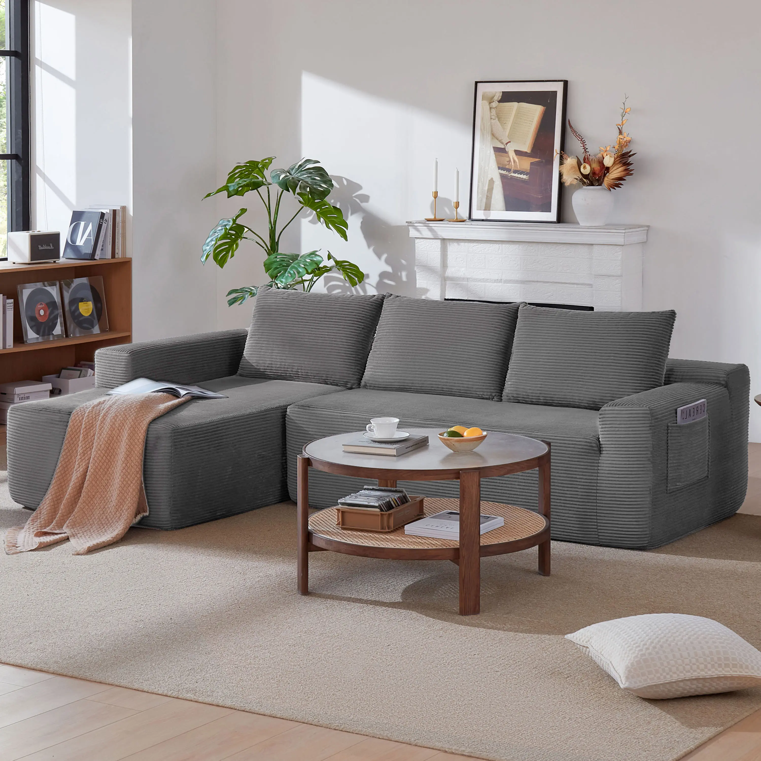 96.9" Cloud Sectional Sofa with L-Shape Chaise and Side Pockets , Boneless couches Compression Sleeper Bed ,Couch in a Box，Modern Sectional Modular Design, Deep Seating, Upholstered  for Living Room/Bedroom, No Assembly Required (Corduroy Fabric),