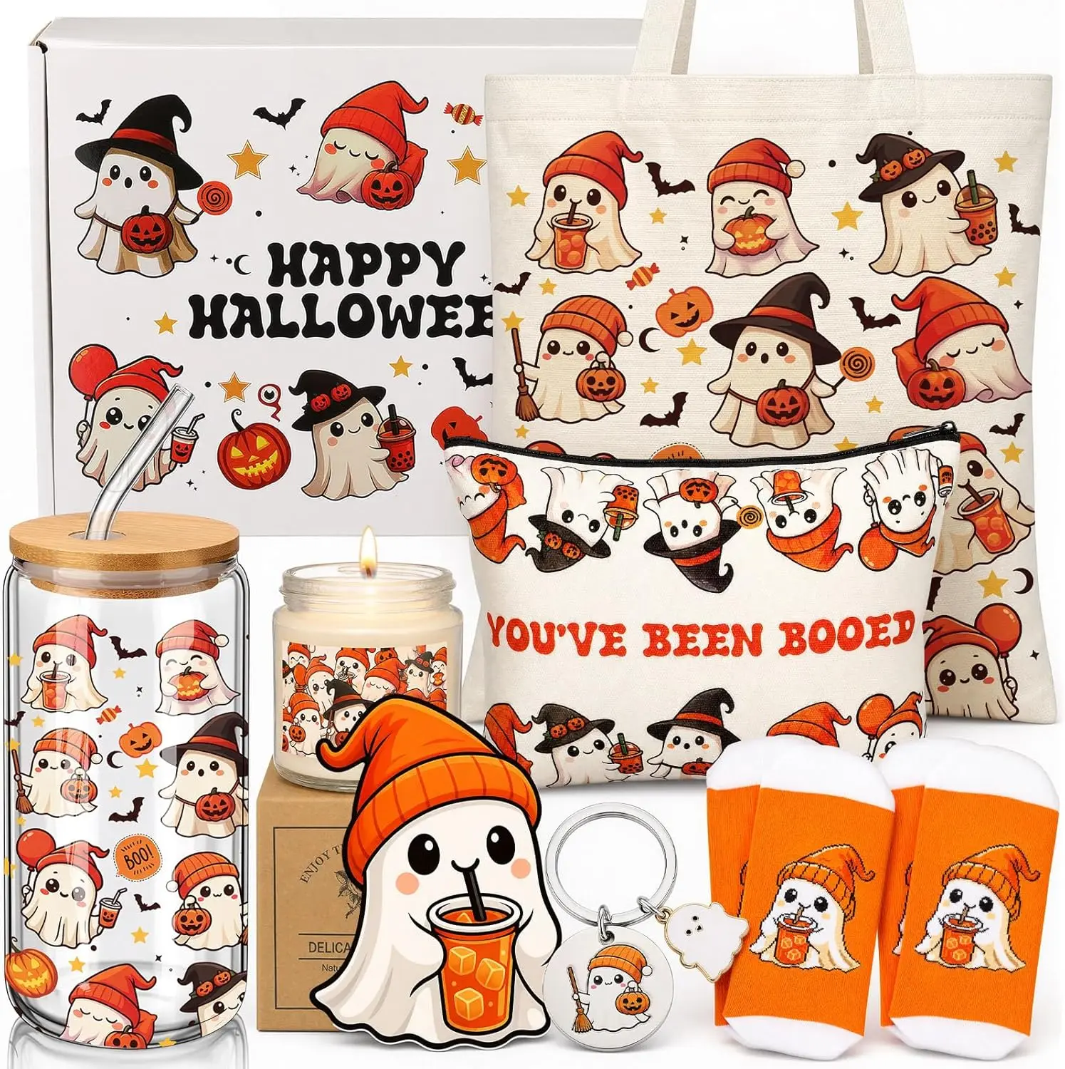Halloweem Fall Gift Boo Basket Stuffers for Women Teen Girls, Halloween Ghost Gift Set with 16 oz Glass Cup with Lid and Straw, Tote Bag, Cosmetic Bag, Socks, Candle, Keychain and Greeting Card (Ghost)