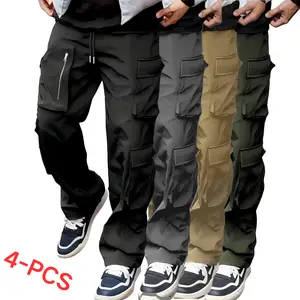 Men’s Basic Plain Simple Menswear Functional Work Pants - Multiple Zipper Pockets, Drawstring Elastic Waistband, Loose Straight Fit, Comfortable Breathable Fabric, Multi-Color Options, Suitable for Streetwear & Everyday Wear