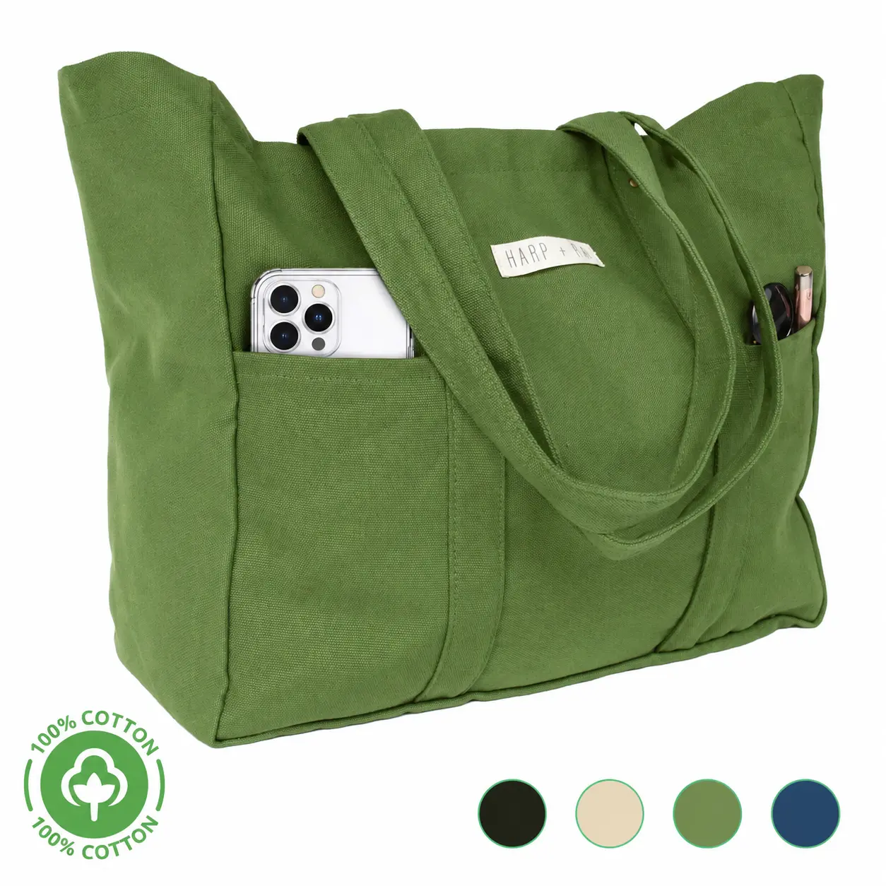 Harp + Ra Extra Large Canvas Tote Bag, Fits 16" Laptop, Open Top Shoulder Bag With 3 Pockets for Work Travel Beach