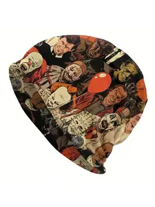 Men's Halloween Horror Movie Character Collage Beanie Hat, Knitted Stretch Polyester-Elastane Blend, Comfortable Pull-On Style Cap