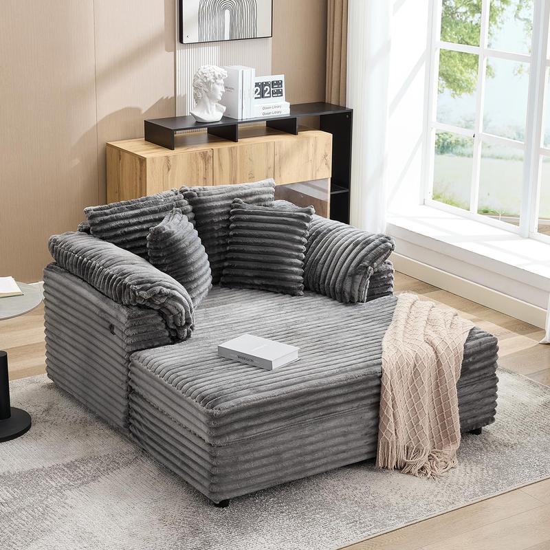 Gaomon Grey Oversized Elongated Chaise Lounge - 59.4" Width, 53.9" Depth Indoor Durable Corduroy Cloud Sleeper Sofa Bed with 850 lbs Capacity, Cloud-Soft Foam Support, Armrests, Throw Pillows, USB & Type-C Ports for Living Room