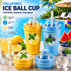 2-in-1 Portable Foldable Silicone Ice Ball Cup & Mold, Collapsible Water Cup for DIY Whiskey, Large Oversized Spherical Bar Kitchen Ice Mould tray