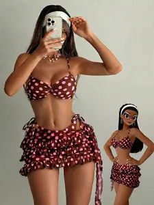Summer New Women's Cute Polka Dot Print Halter Top, Fashion Ruffle Sundress, Retro Beach Bikini Set, Three-Piece