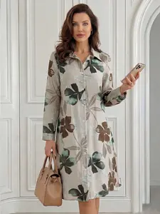 Women's Floral Print Long Sleeve Single-Breasted Casual Shirt Midi Dress for Summer Beach Wear Multicolor Woven Fabric Boho Style