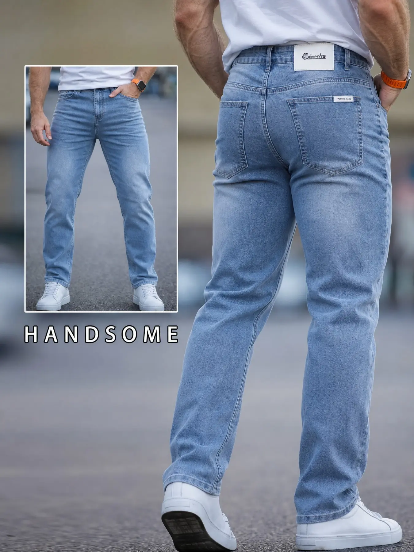 Men's Ultra-Light Breathable Denim Jeans, Classic Light Blue Straight Leg Elastic Pocket, Soft Vintage Wash, Comfortable Summer Casual Pants, Day Wear Jeans, Casual Streetwear Jeans