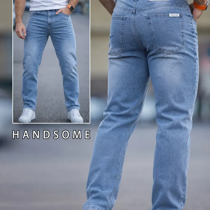 Men's Ultra-Light Breathable Denim Jeans, Classic Light Blue Straight Leg Elastic Pocket, Soft Vintage Wash, Comfortable Summer Casual Pants, Day Wear Jeans, Casual Streetwear Jeans