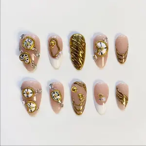 Gold Watch Press On Nails Set Luxury Handmade 3D Gold Chrome Nails Art Gif For Her On Holiday Wedding Birthday Party