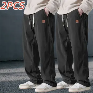 2-pack men’s corduroy wide-leg pants, vintage high-street style, loose straight fit with drapey fabric and drawstring design—trendy casual long pants that are comfortable and versatile for everyday streetwear wear in all seasons.