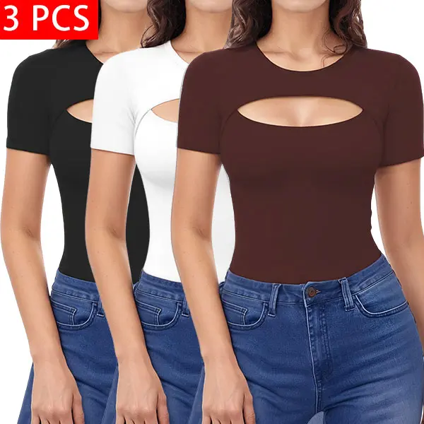3 PCS Women's Hollowed Out Tops waist - length cropped style Long Sleeve Round Neck Slim Chest Sexy Hollowed Out Design Fitted T Shirt Spring Summer main street tourist shirts shirts womenwinter clothing003