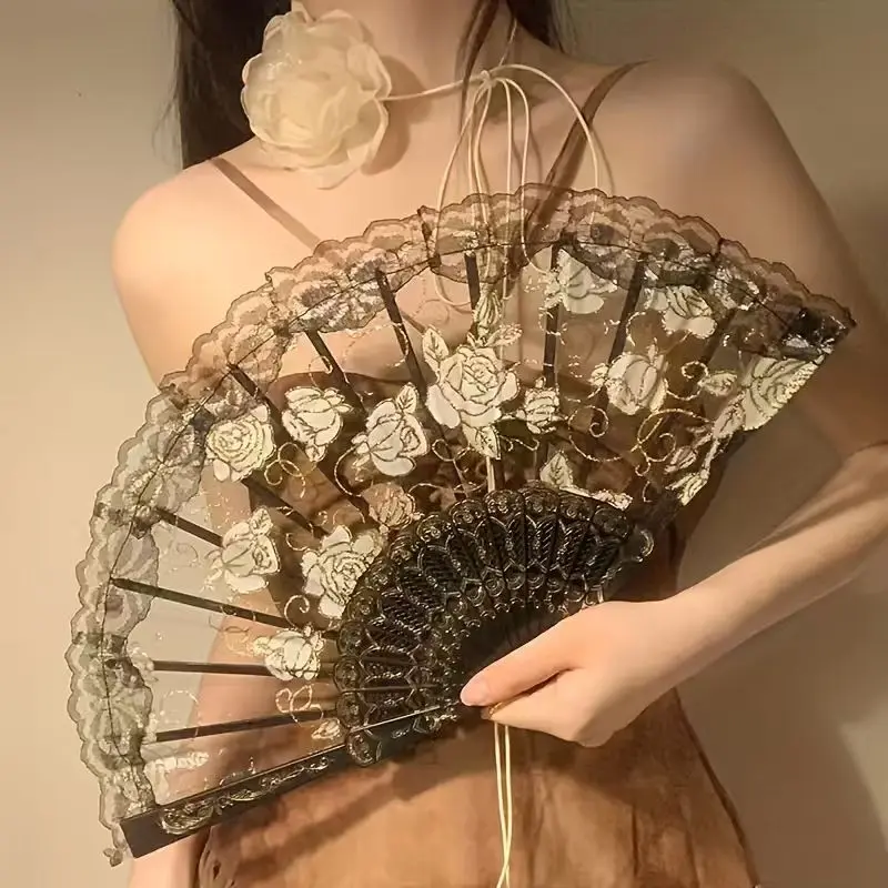 Lace Rose Fan for Women Dance Folding Hand Fan Photography, Hanfu Cheongsam Photo Prop, Ancient Style Accessory for Traditional Costumes