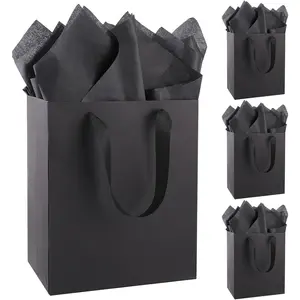 4 Pack Black  Bags with Handles, Medium Size 8x5x10 Inches - Includes 8 Tissue Papers for Men or Women Birthday Party, Wedding,  Shower, Father's Day & Christmas (Small - 4 count)