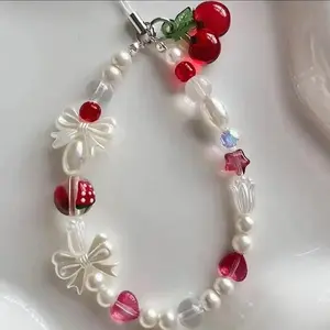 Cute Cherry & Bowknot Design Phone Chain, Beaded Phone Lanyard, Fashion Phone Charm for Women & Girls, Mobile Phone Decoration Accessories