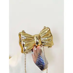 Bow-Shaped Mini Evening Bag, Women's Personalized Fashion Chain Crossbody Bag For Party And Date, Gold Headphone Pouch, Women Decorative Accessory Bag