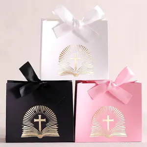 20 Religious Cross Mini Gift Boxes with Gold Foil Print, Perfect for Easter, Weddings, Special Occasions, and Gold Ribbons, Party Gift Packs