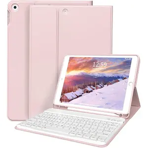 Keyboard Case for iPad 9th Generation 10.2 inch, Stand Folio Detachable   Rechargeable Keyboard Soft TPU  Case with Pencil Holder for iPad 9th/8th/7th Gen, Pink